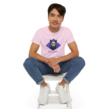 T-Shirt: Too Late – Scream Cat Ghost Mask Graphic Tee – Halloween Unisex Shirt for Spooky Season & Creepy Vibes