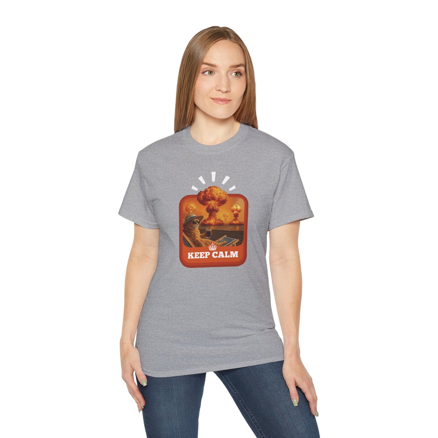 T-Shirt: Keep Calm – Surreal Cat in Chaos Artwork – Funny Apocalypse Parody for Dark Humor Fans