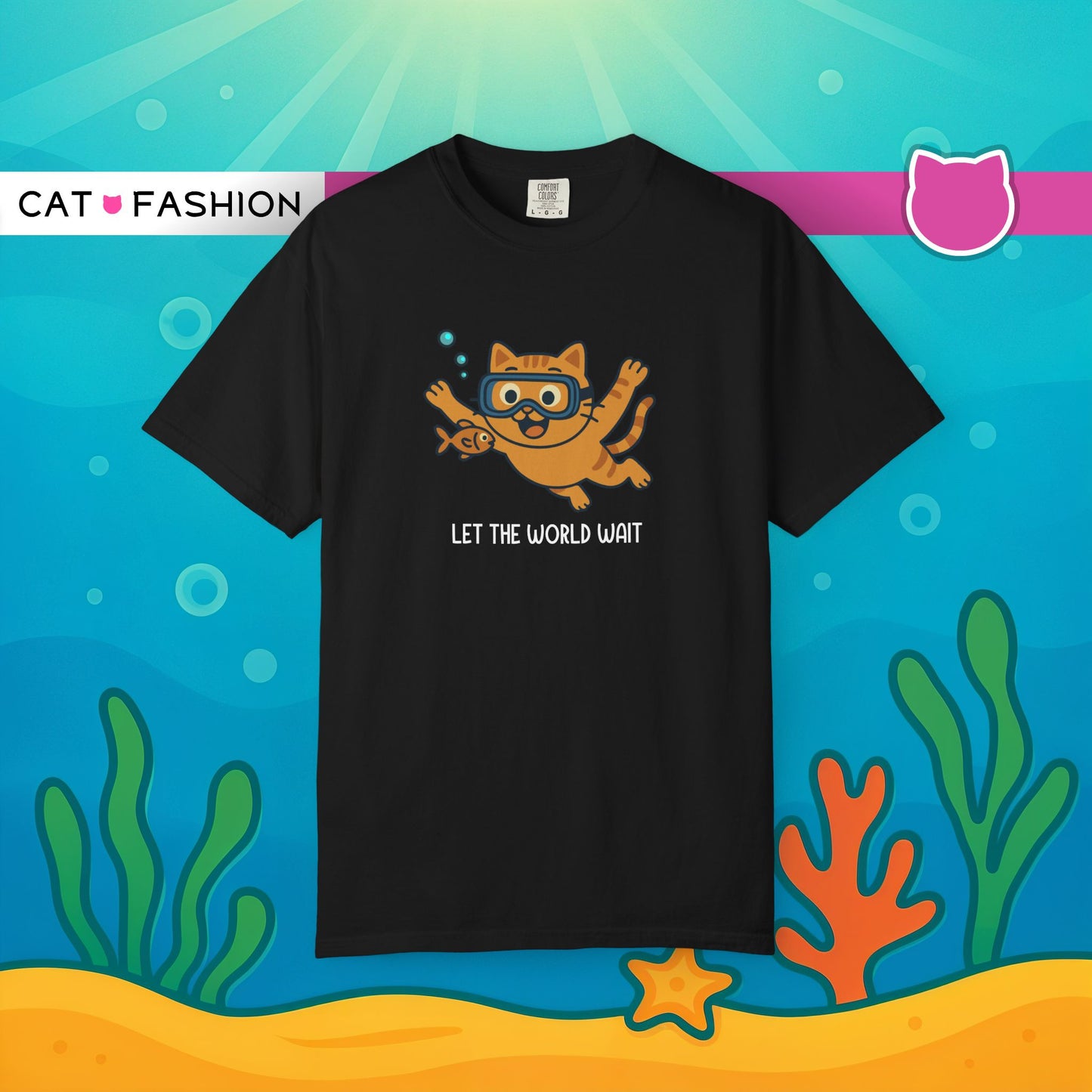 T-Shirt: Let The World Wait - Funny Swimming Cat Graphic Tee - Cute Unisex Shirt for Cat Lovers & Chill Vibes