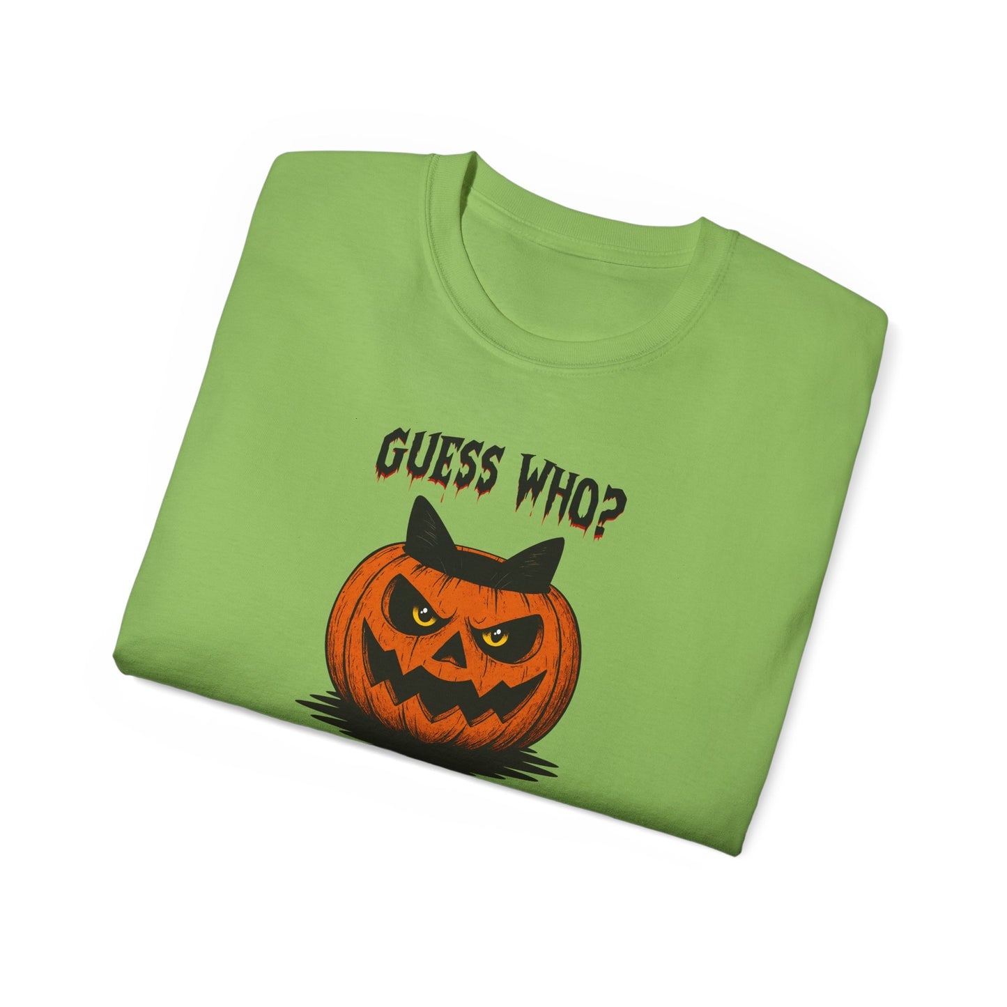T-Shirt: Guess Who? – Halloween Cat Pumpkin Graphic Tee – Spooky Funny Unisex Shirt for Scary Season