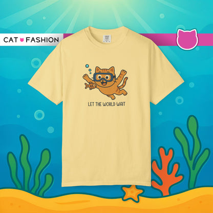 T-Shirt: Let The World Wait - Funny Swimming Cat Graphic Tee - Cute Unisex Shirt for Cat Lovers & Chill Vibes