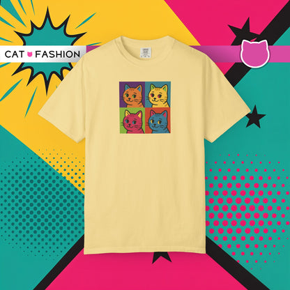 T-Shirt: Pop Art Cats - Colorful Retro Style Kitty Faces Graphic Tee - Funny Unisex Shirt for Cat Lovers and Art Fans