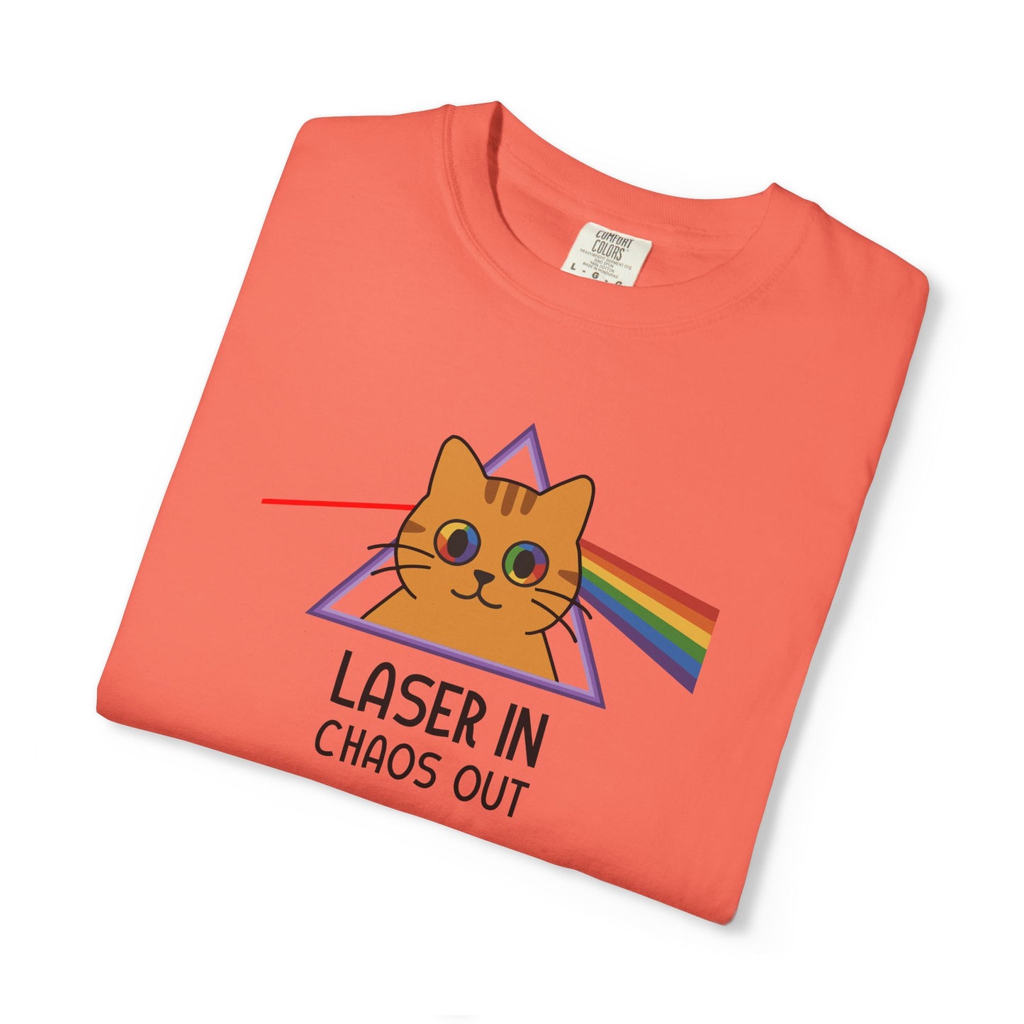 T-Shirt: Laser In - Chaos Out Cat Tee - Funny Rainbow Triangle Meme Shirt - Unisex Graphic Top for Nerds, Gamers and Cat People