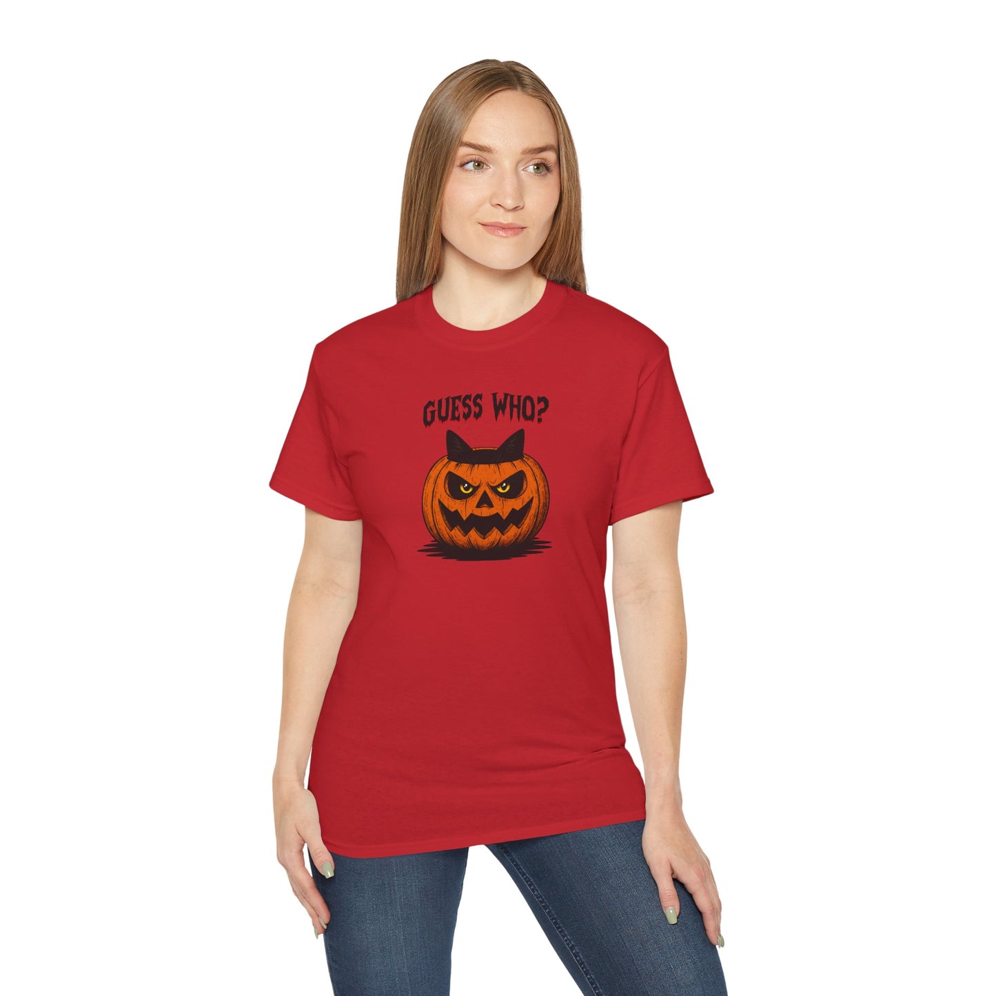 T-Shirt: Guess Who? – Halloween Cat Pumpkin Graphic Tee – Spooky Funny Unisex Shirt for Scary Season