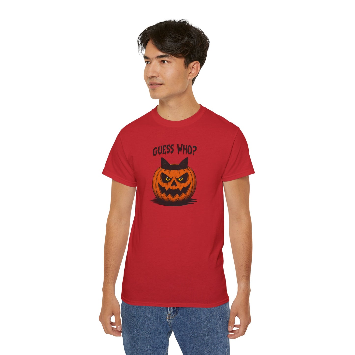 T-Shirt: Guess Who? – Halloween Cat Pumpkin Graphic Tee – Spooky Funny Unisex Shirt for Scary Season