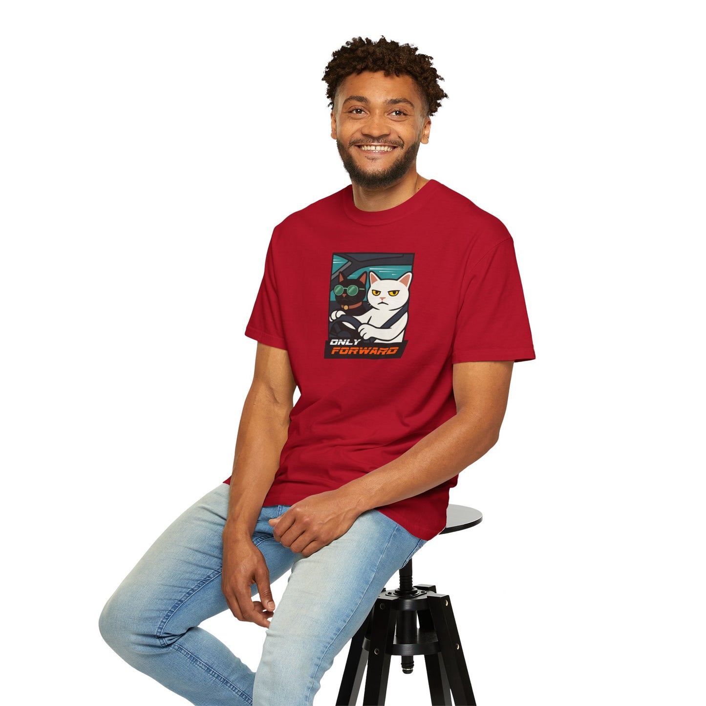 T-Shirt: Only Forward – Funny Cats Driving Graphic Tee – Cool Meme Shirt for Road Trip Fans