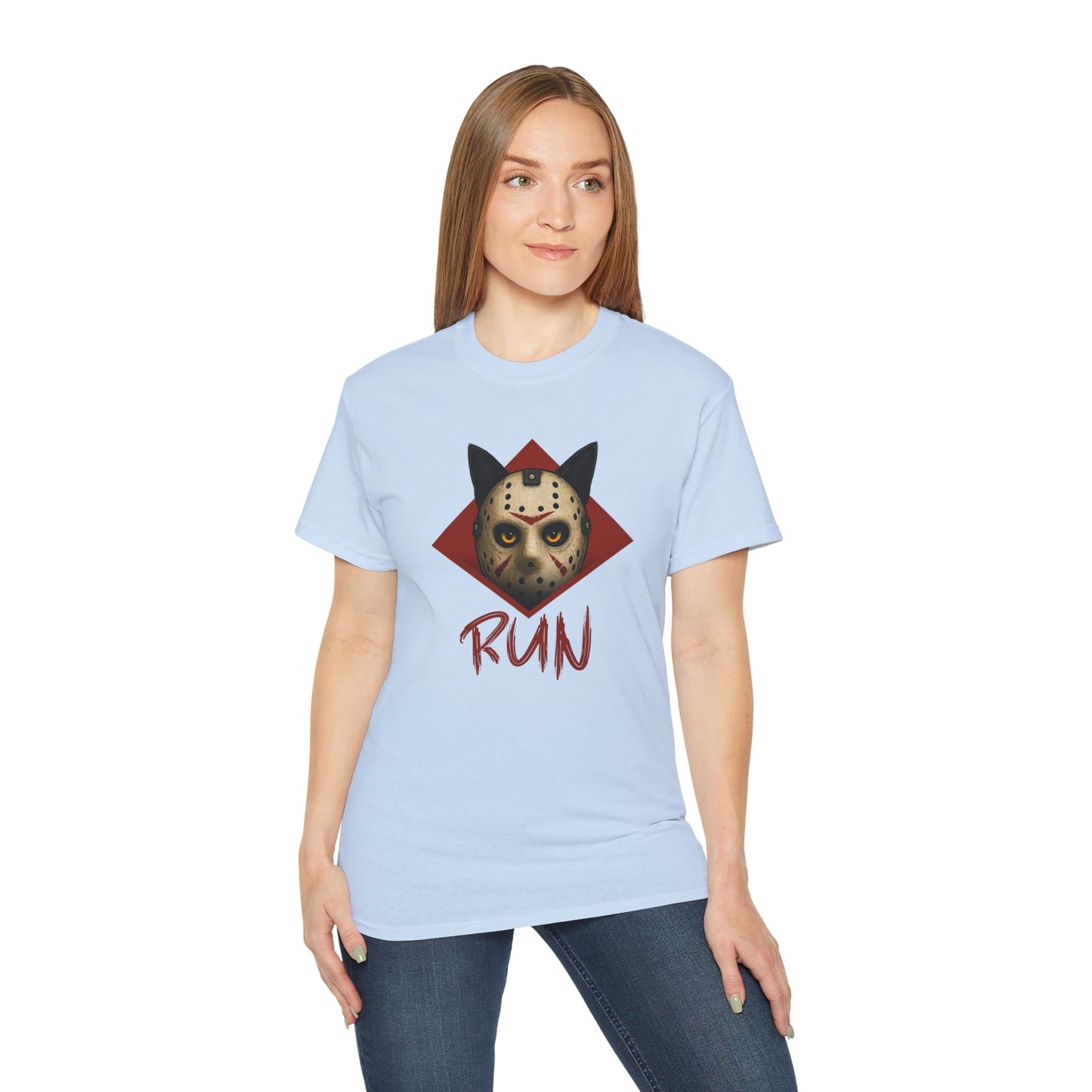 T-Shirt: RUN – Creepy Cat Horror Mask Graphic Tee – Halloween Scary Unisex Shirt for Spooky Season