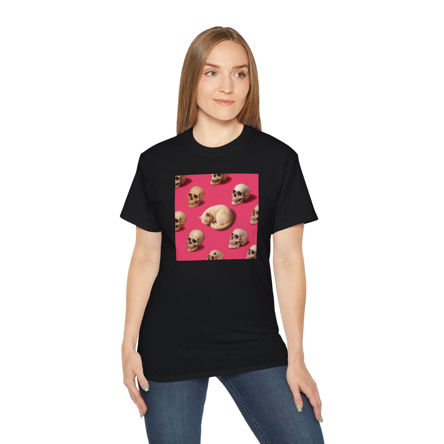 T-Shirt: The Cat and His Former Owners – Dark Humor Cat Graphic Tee – Funny Spooky Skull Unisex Shirt for Gothic Vibes