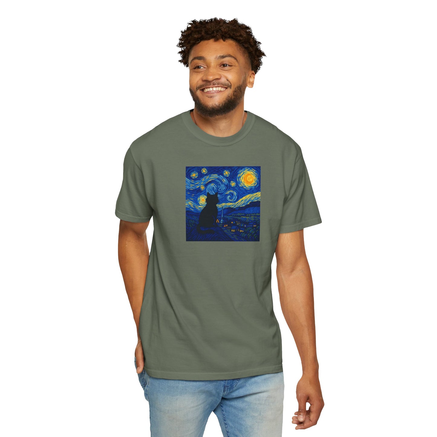 T-Shirt: The Starry Night with Cat - Van Gogh Parody Art Tee - Whimsical Unisex Shirt for Cat Lovers and Art Fans