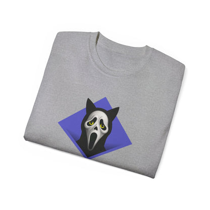 T-Shirt: Too Late – Scream Cat Ghost Mask Graphic Tee – Halloween Unisex Shirt for Spooky Season & Creepy Vibes