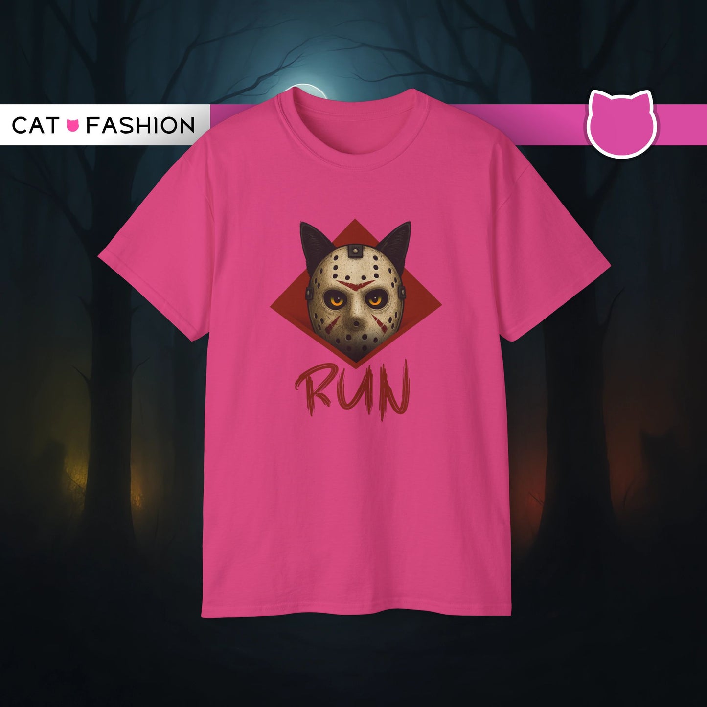T-Shirt: RUN – Creepy Cat Horror Mask Graphic Tee – Halloween Scary Unisex Shirt for Spooky Season