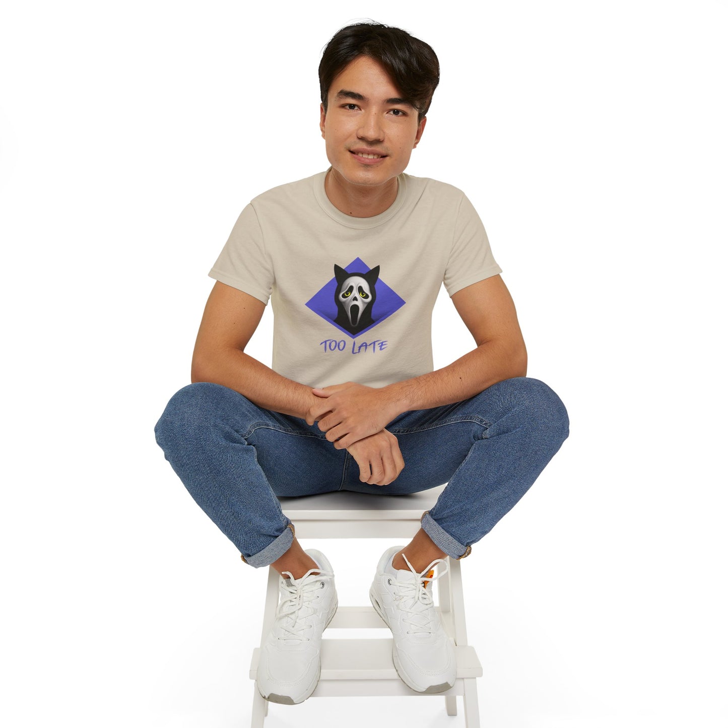 T-Shirt: Too Late – Scream Cat Ghost Mask Graphic Tee – Halloween Unisex Shirt for Spooky Season & Creepy Vibes