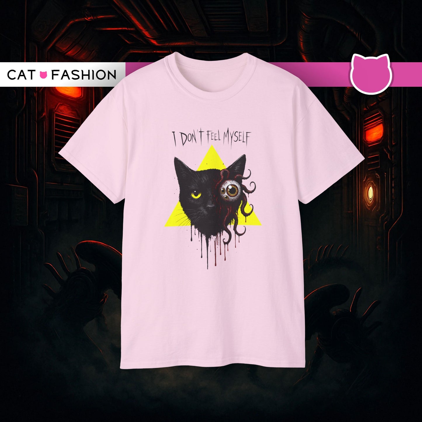 T-Shirt: I Don’t Feel Myself – Alien Horror Cat Graphic Tee – Creepy Gothic Unisex Shirt for Halloween & Sci-Fi Fans