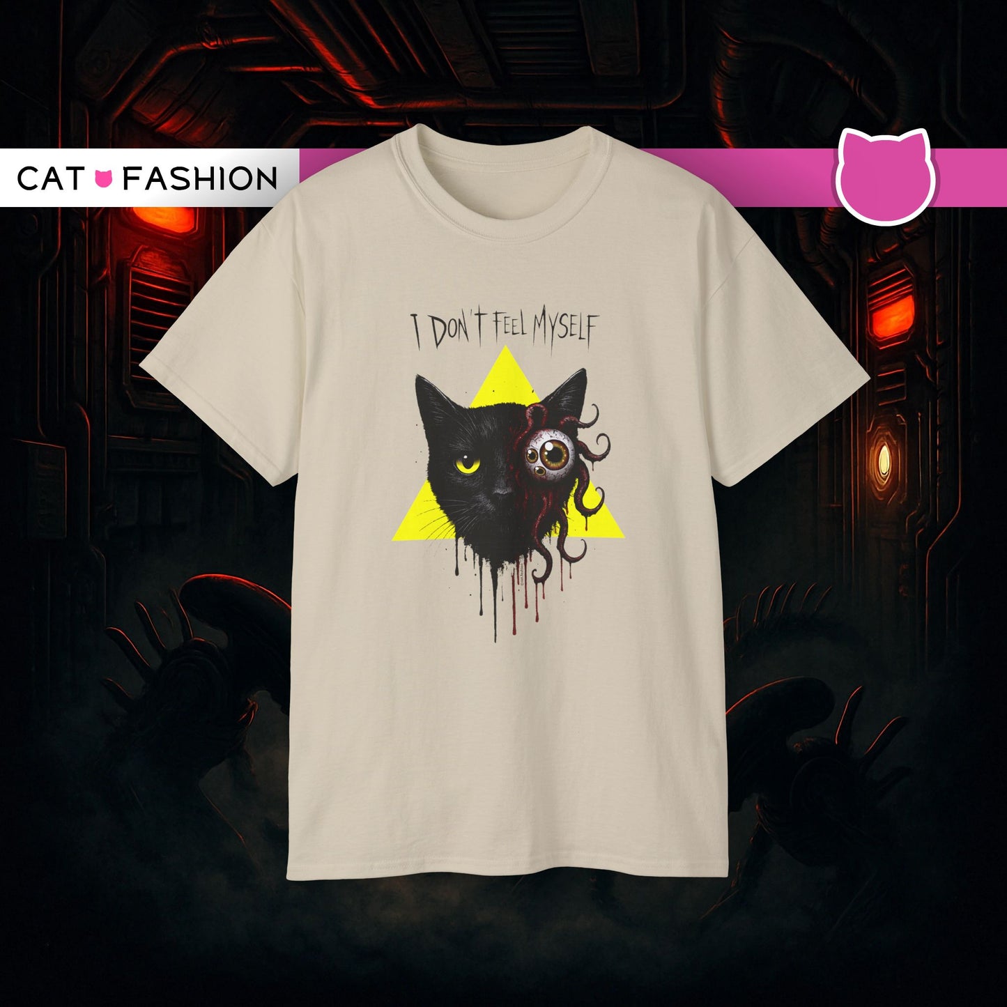 T-Shirt: I Don’t Feel Myself – Alien Horror Cat Graphic Tee – Creepy Gothic Unisex Shirt for Halloween & Sci-Fi Fans