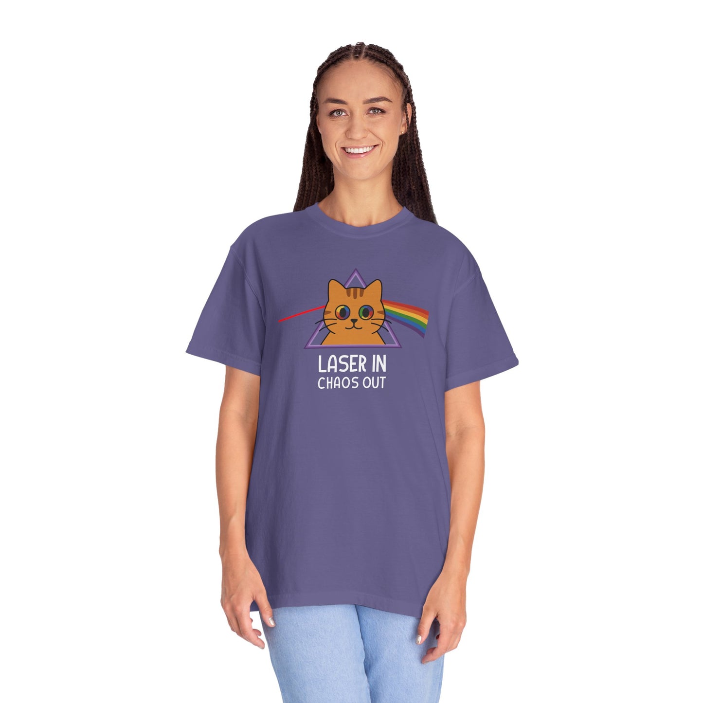 T-Shirt: Laser In - Chaos Out Cat Tee - Funny Rainbow Triangle Meme Shirt - Unisex Graphic Top for Nerds, Gamers and Cat People