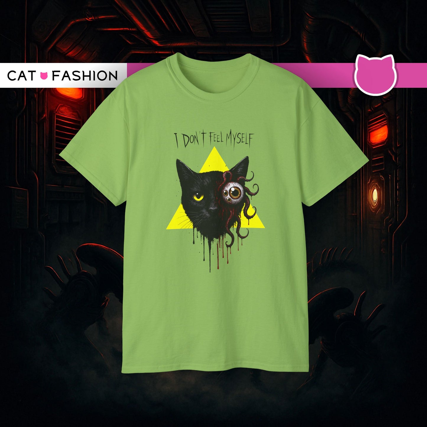 T-Shirt: I Don’t Feel Myself – Alien Horror Cat Graphic Tee – Creepy Gothic Unisex Shirt for Halloween & Sci-Fi Fans