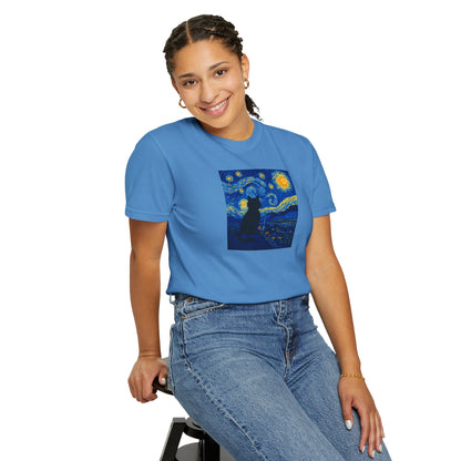 T-Shirt: The Starry Night with Cat - Van Gogh Parody Art Tee - Whimsical Unisex Shirt for Cat Lovers and Art Fans