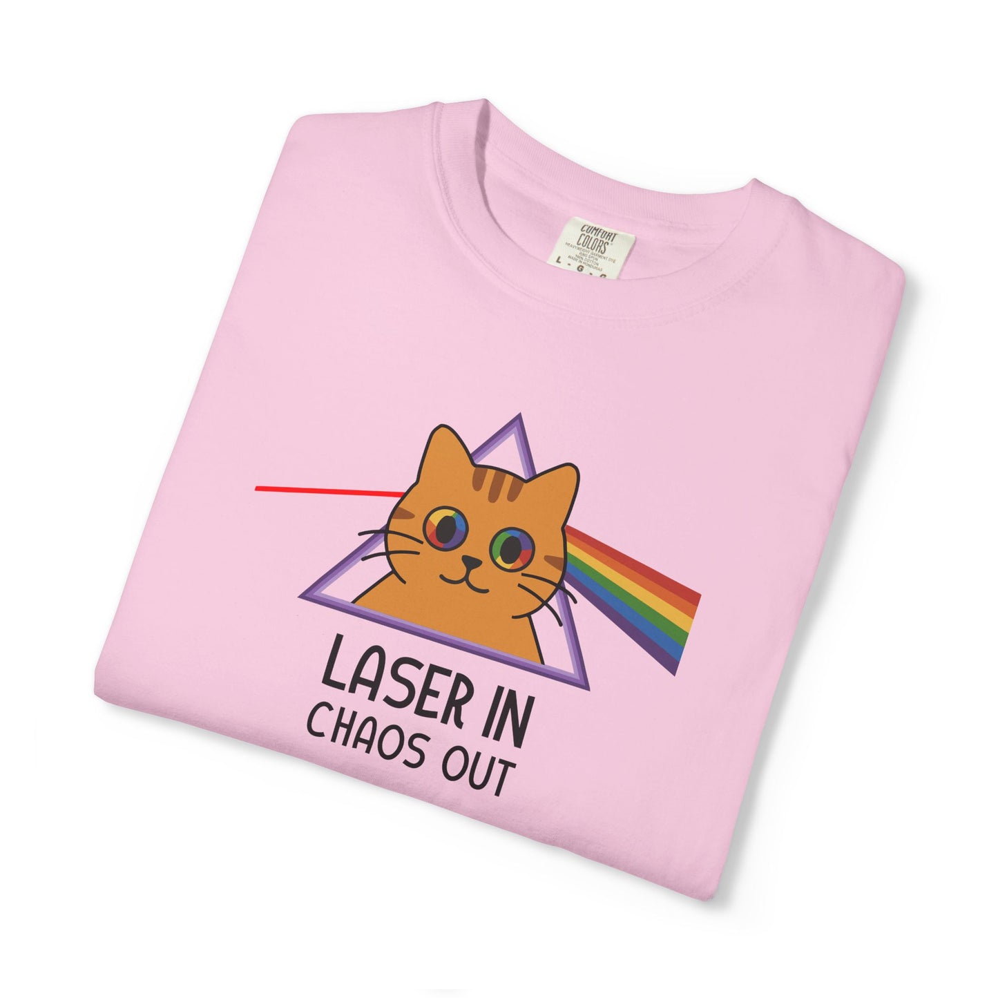 T-Shirt: Laser In - Chaos Out Cat Tee - Funny Rainbow Triangle Meme Shirt - Unisex Graphic Top for Nerds, Gamers and Cat People