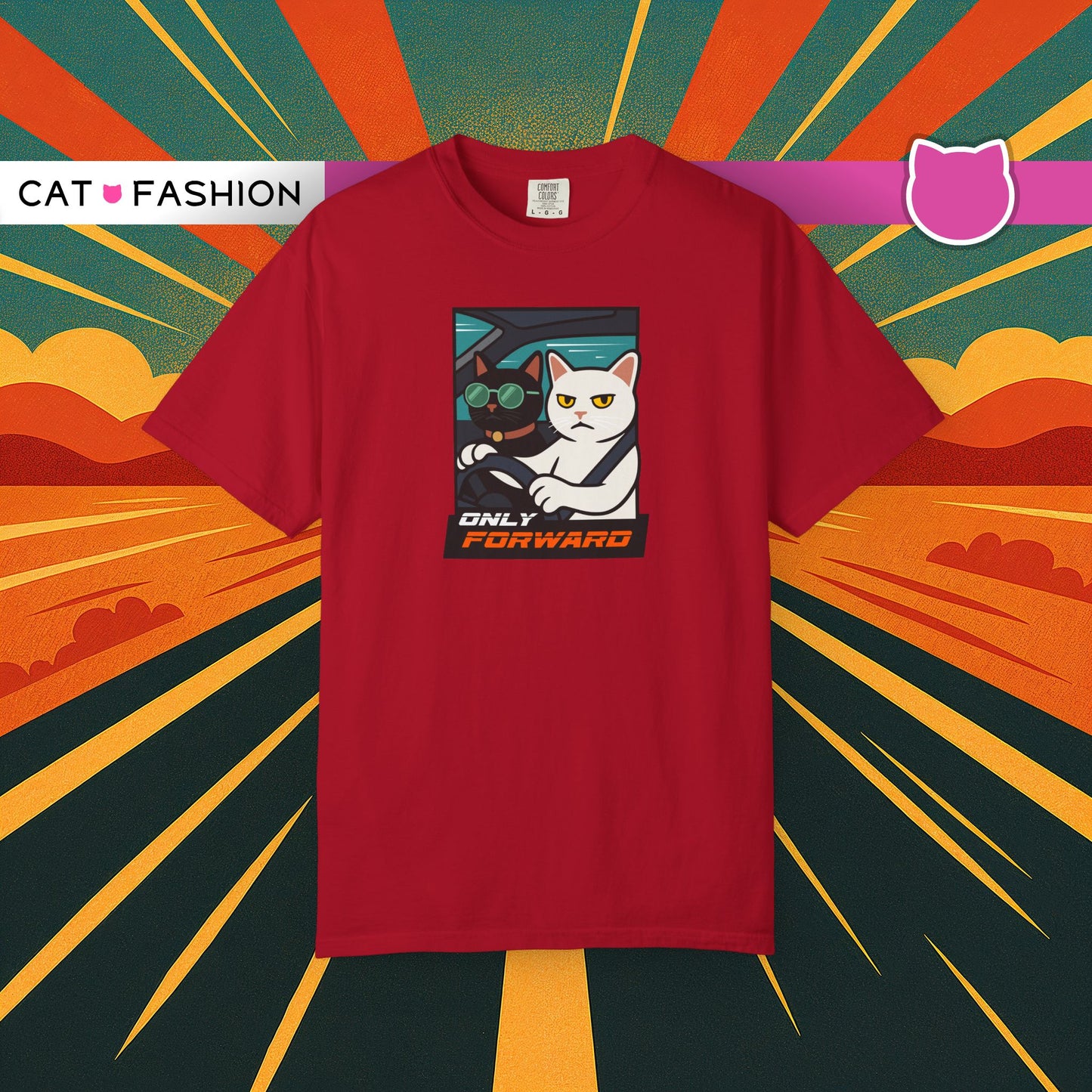 T-Shirt: Only Forward – Funny Cats Driving Graphic Tee – Cool Meme Shirt for Road Trip Fans