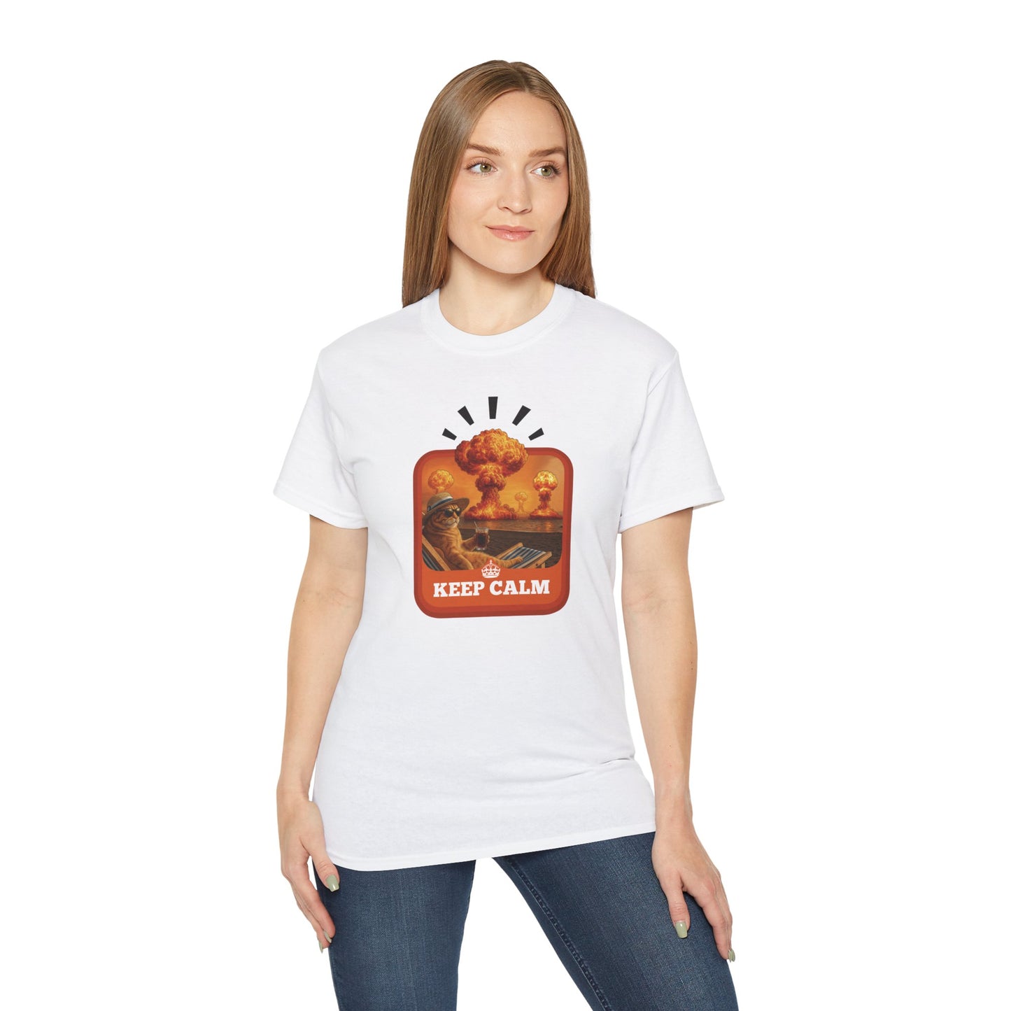 T-Shirt: Keep Calm – Surreal Cat in Chaos Artwork – Funny Apocalypse Parody for Dark Humor Fans