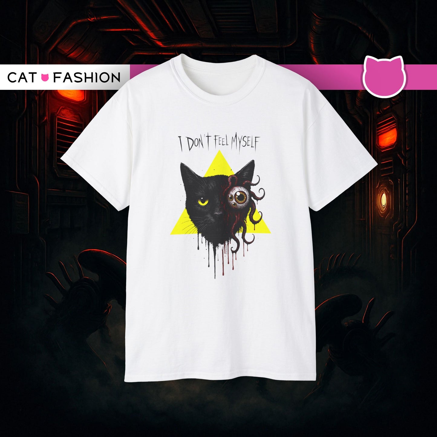 T-Shirt: I Don’t Feel Myself – Alien Horror Cat Graphic Tee – Creepy Gothic Unisex Shirt for Halloween & Sci-Fi Fans