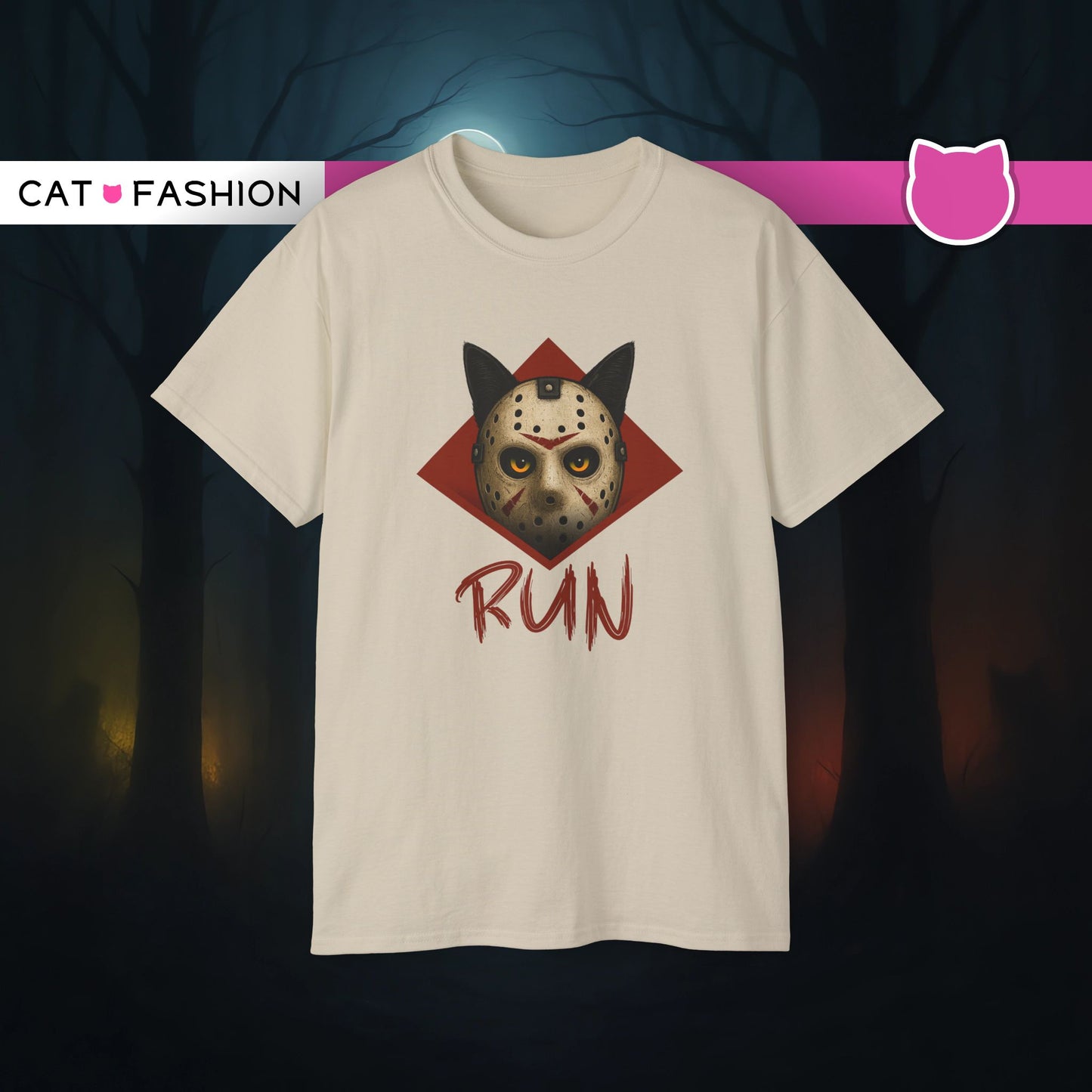 T-Shirt: RUN – Creepy Cat Horror Mask Graphic Tee – Halloween Scary Unisex Shirt for Spooky Season
