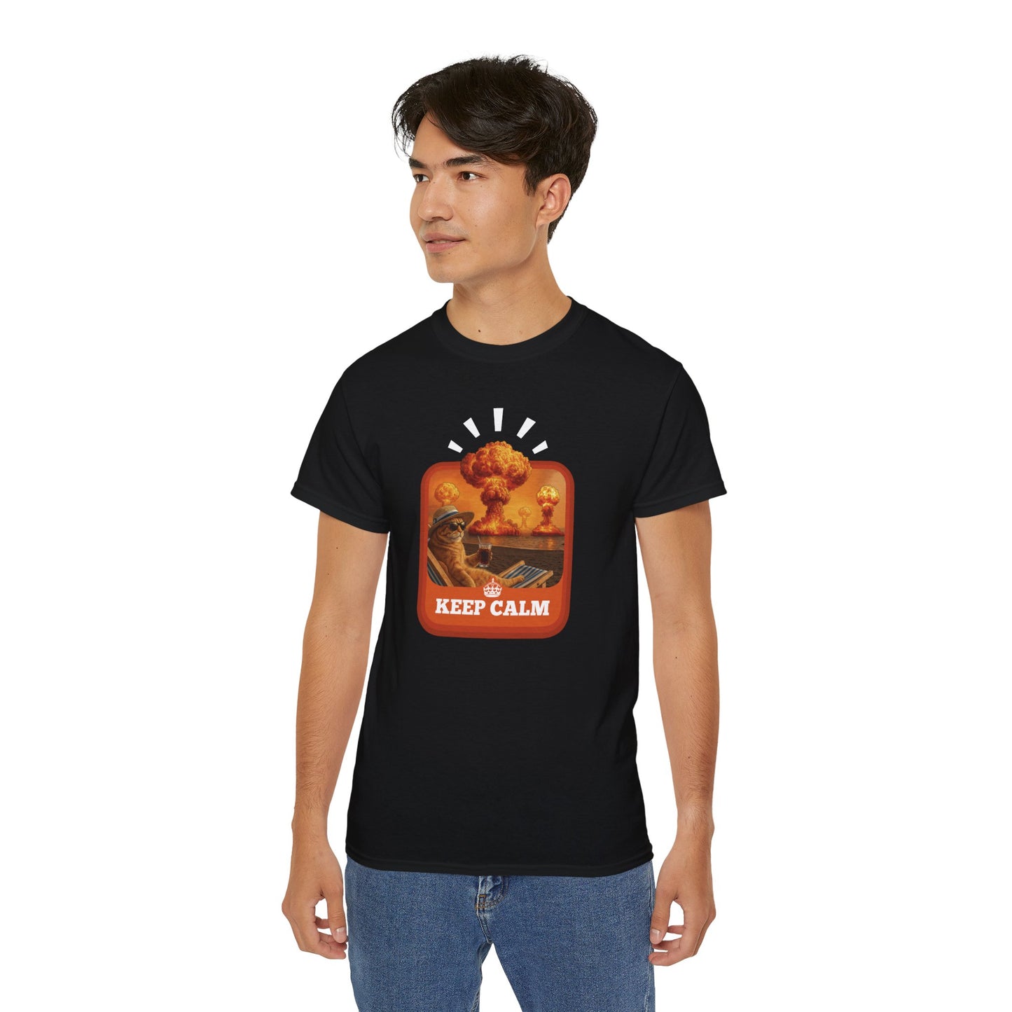 T-Shirt: Keep Calm – Surreal Cat in Chaos Artwork – Funny Apocalypse Parody for Dark Humor Fans