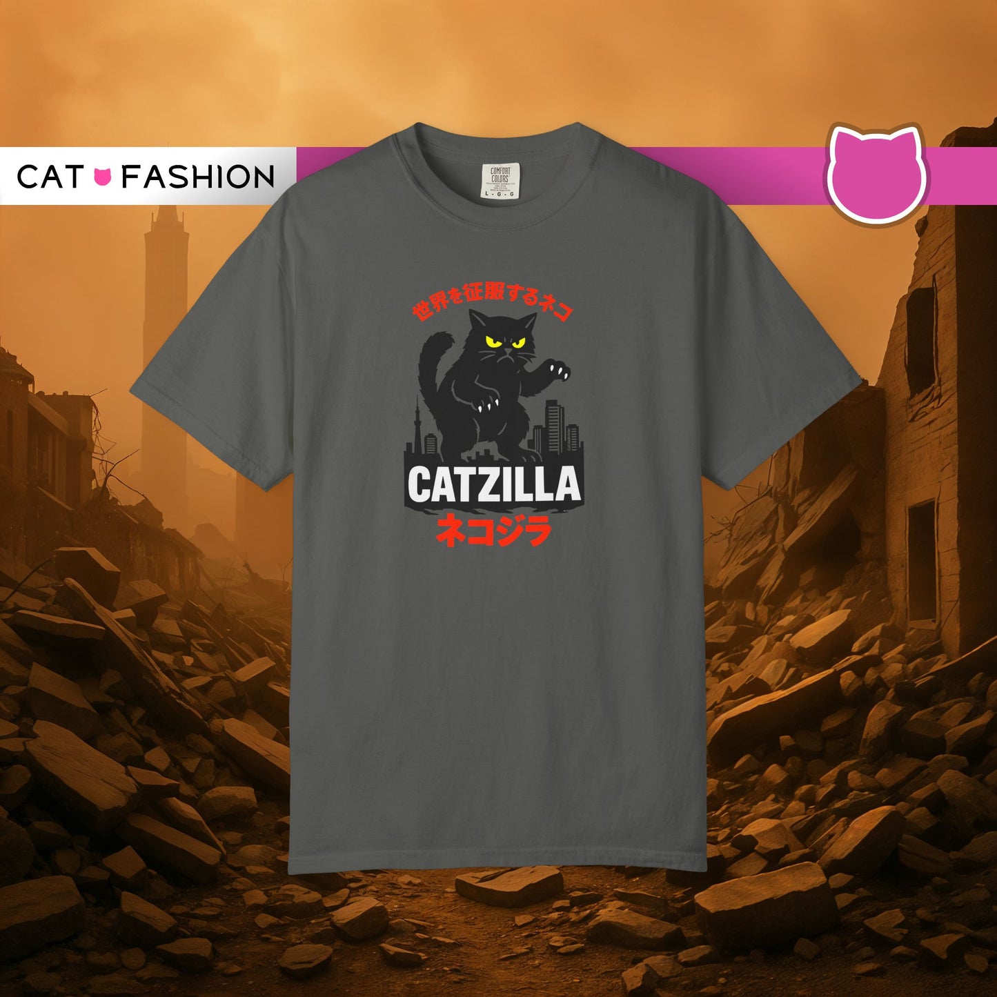 T-Shirt: Catzilla – Funny Japanese Monster Cat Meme Graphic Tee – Godzilla Parody Unisex Shirt for Cat Lovers & Otaku Vibes