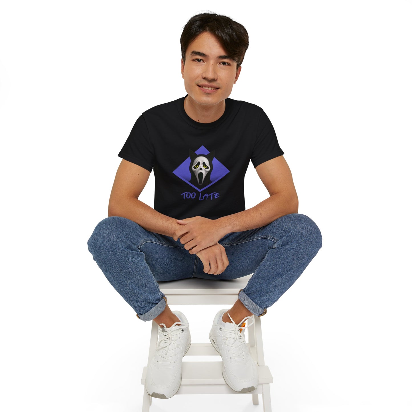 T-Shirt: Too Late – Scream Cat Ghost Mask Graphic Tee – Halloween Unisex Shirt for Spooky Season & Creepy Vibes