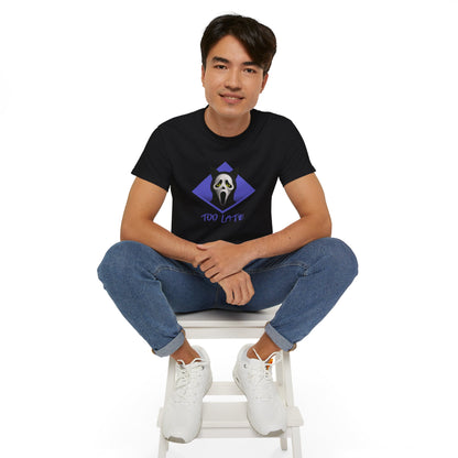 T-Shirt: Too Late – Scream Cat Ghost Mask Graphic Tee – Halloween Unisex Shirt for Spooky Season & Creepy Vibes