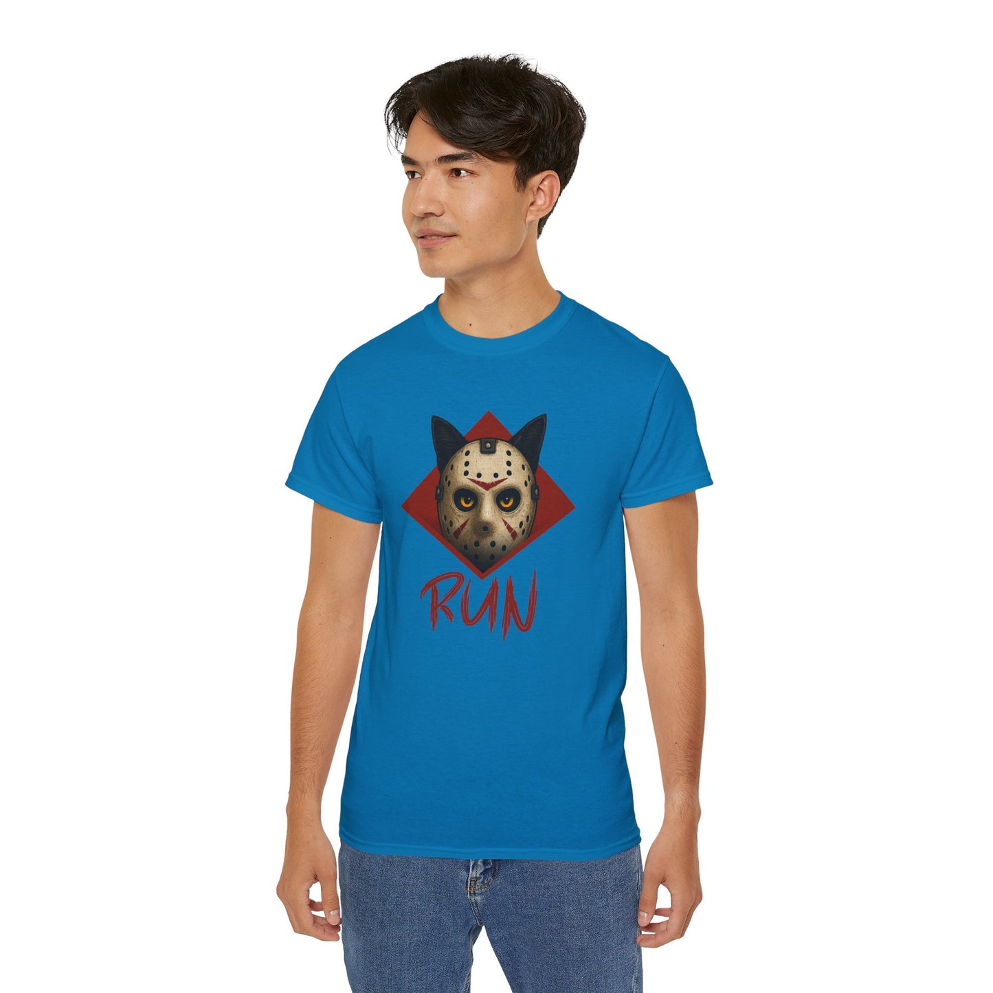 T-Shirt: RUN – Creepy Cat Horror Mask Graphic Tee – Halloween Scary Unisex Shirt for Spooky Season