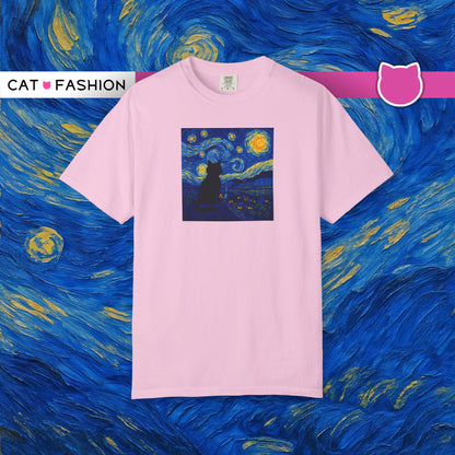 T-Shirt: The Starry Night with Cat - Van Gogh Parody Art Tee - Whimsical Unisex Shirt for Cat Lovers and Art Fans