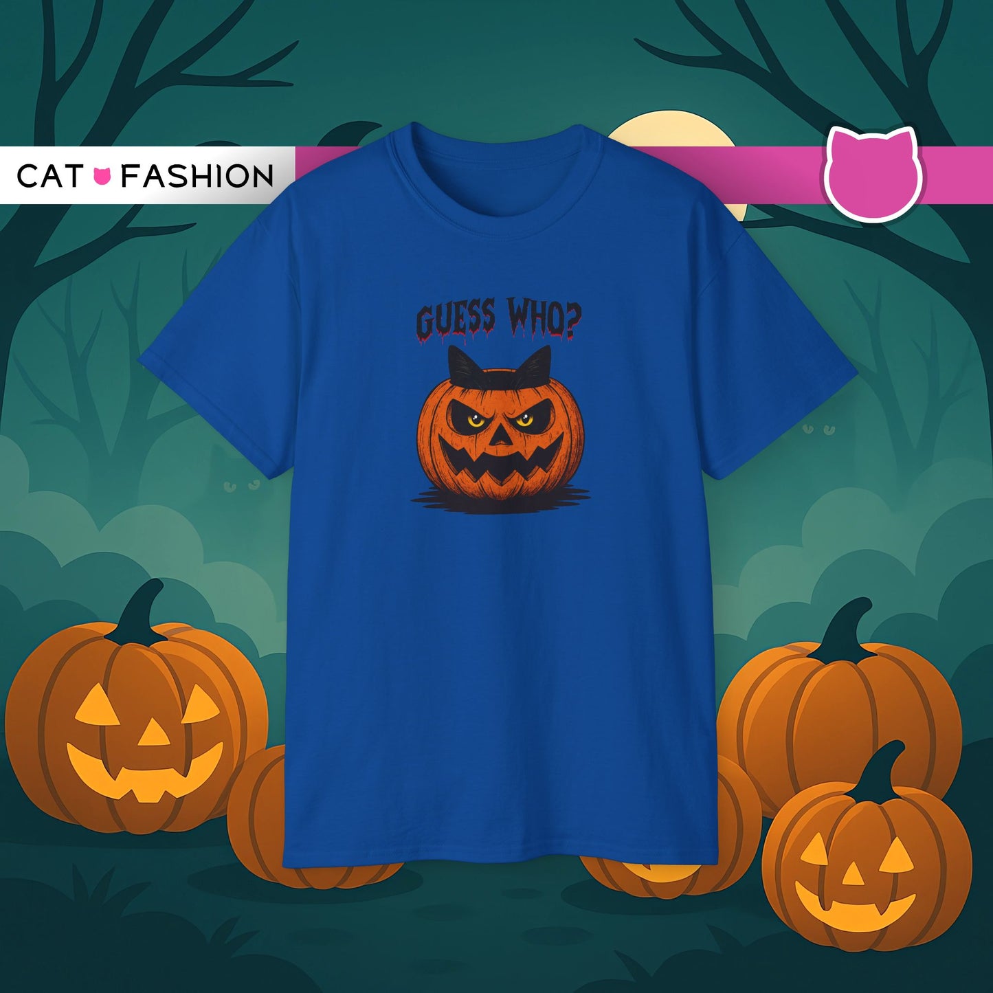 T-Shirt: Guess Who? – Halloween Cat Pumpkin Graphic Tee – Spooky Funny Unisex Shirt for Scary Season