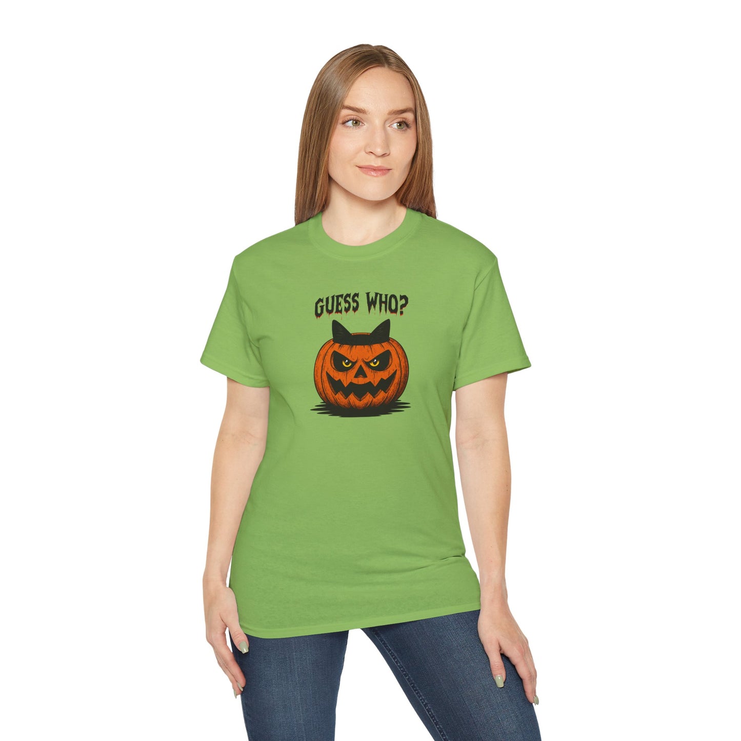 T-Shirt: Guess Who? – Halloween Cat Pumpkin Graphic Tee – Spooky Funny Unisex Shirt for Scary Season