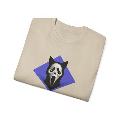 T-Shirt: Too Late – Scream Cat Ghost Mask Graphic Tee – Halloween Unisex Shirt for Spooky Season & Creepy Vibes