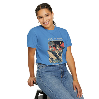 T-Shirt: Ocean Vibes – Anime Whale Rider Tee – Retro Japanese Style Shirt – Cat Girl Graphic Unisex Top for Surfers & Dreamers