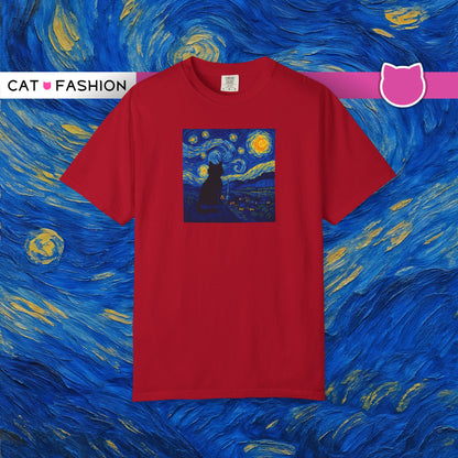 T-Shirt: The Starry Night with Cat - Van Gogh Parody Art Tee - Whimsical Unisex Shirt for Cat Lovers and Art Fans