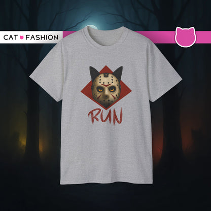 T-Shirt: RUN – Creepy Cat Horror Mask Graphic Tee – Halloween Scary Unisex Shirt for Spooky Season