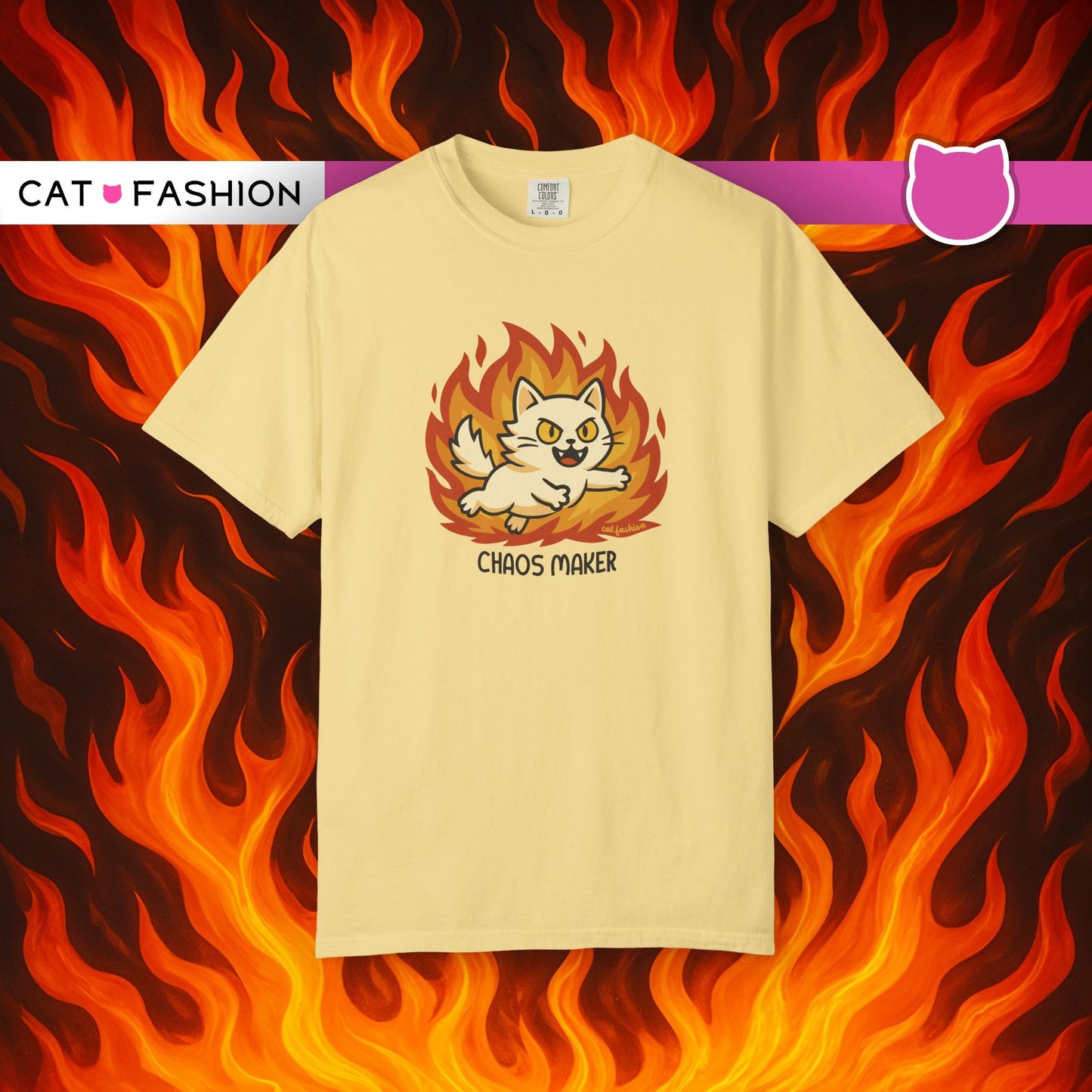 T-Shirt: Chaos Maker – Wild Cat in Flames Graphic Tee – Funny Unisex Shirt for Rebels, Gamers & Agents of Mayhem