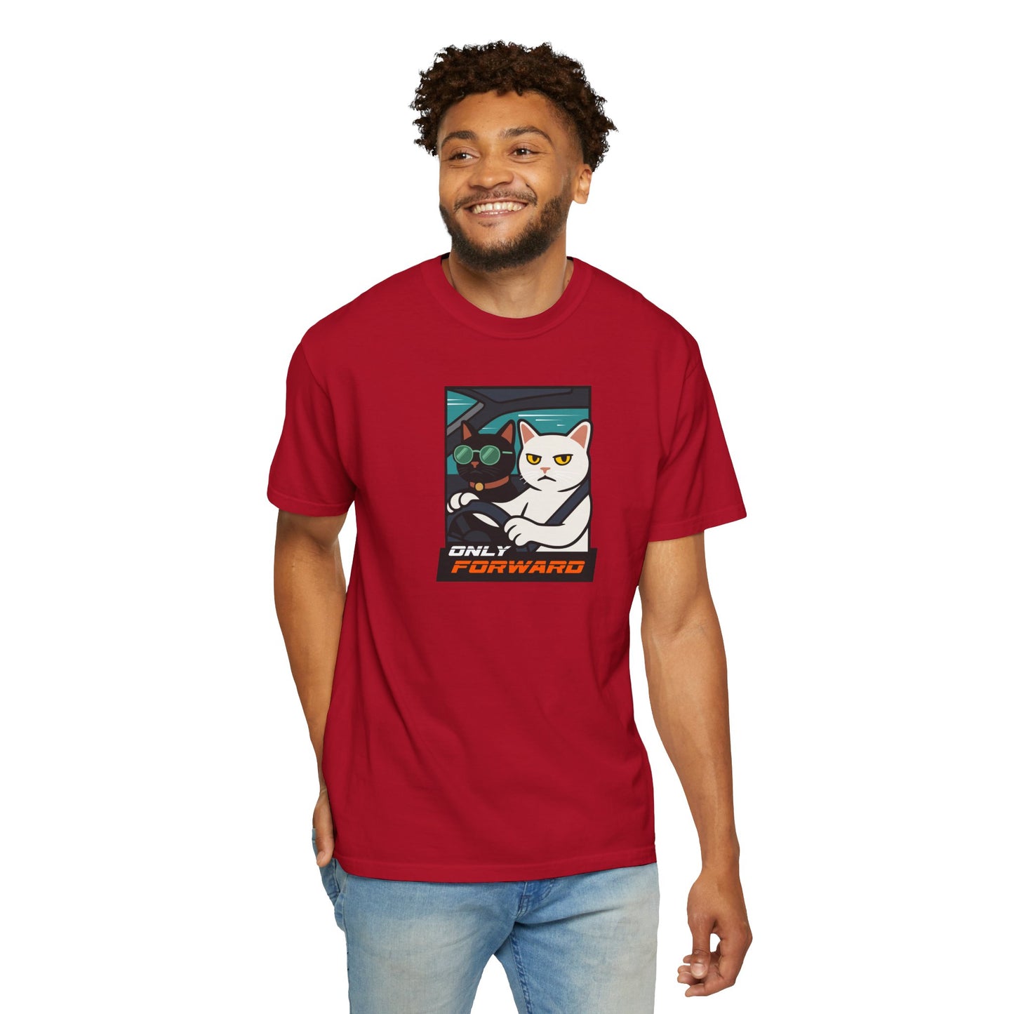 T-Shirt: Only Forward – Funny Cats Driving Graphic Tee – Cool Meme Shirt for Road Trip Fans