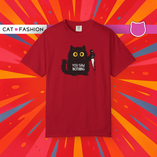T-Shirt: You Saw Nothing - Funny Knife Cat Meme Graphic Tee - Dark Humor Unisex Shirt for Cat Lovers and Suspicious Vibes