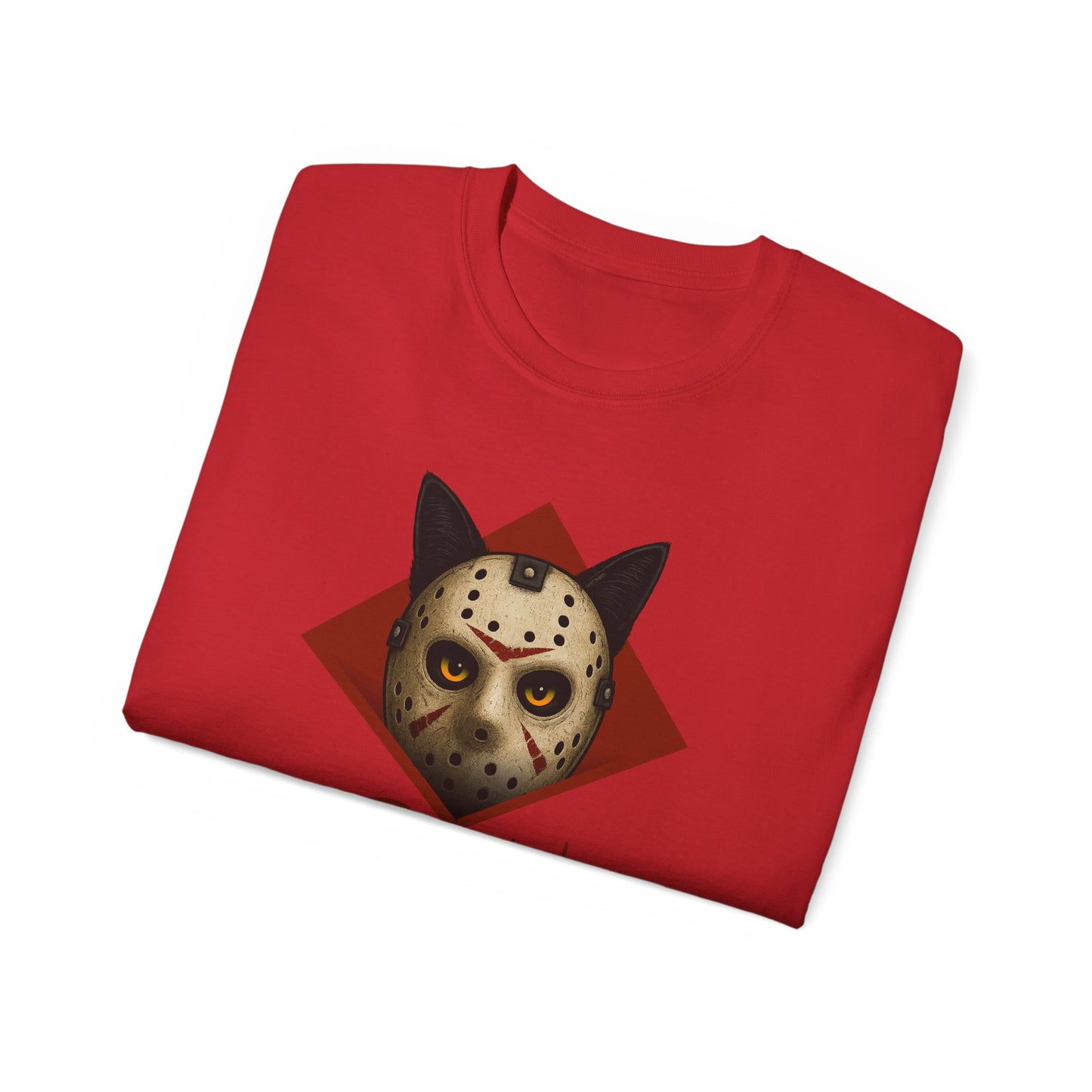 T-Shirt: RUN – Creepy Cat Horror Mask Graphic Tee – Halloween Scary Unisex Shirt for Spooky Season