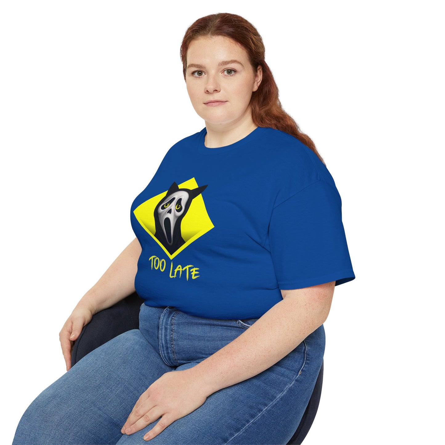 T-Shirt: Too Late – Scream Cat Ghost Mask Graphic Tee – Halloween Unisex Shirt for Spooky Season & Creepy Vibes