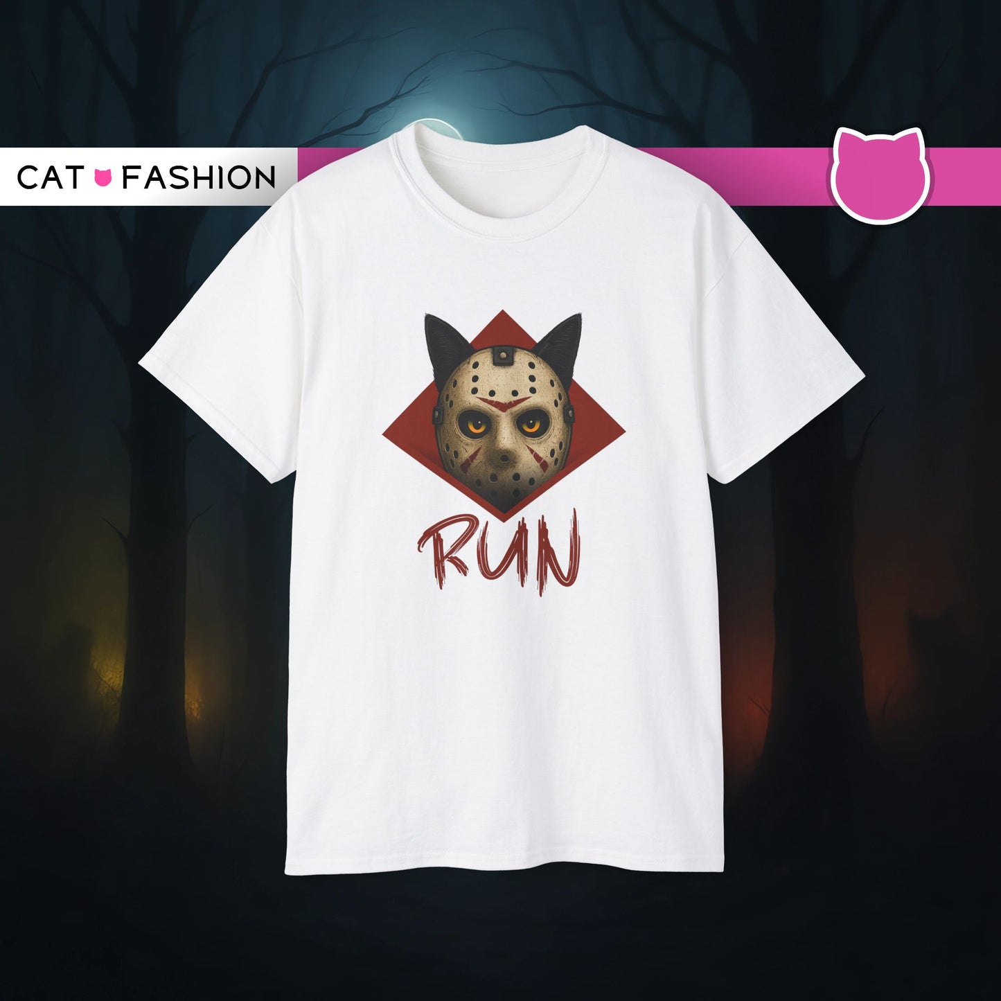 T-Shirt: RUN – Creepy Cat Horror Mask Graphic Tee – Halloween Scary Unisex Shirt for Spooky Season