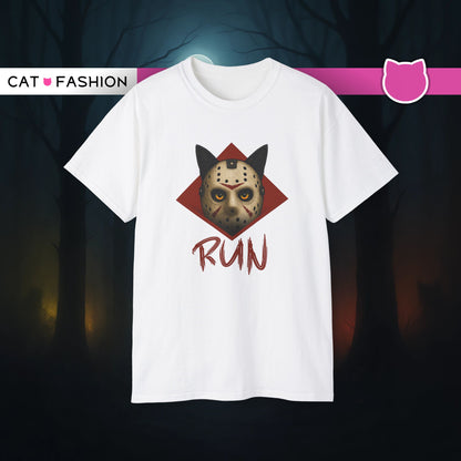 T-Shirt: RUN – Creepy Cat Horror Mask Graphic Tee – Halloween Scary Unisex Shirt for Spooky Season