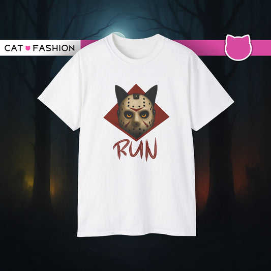 T-Shirt: RUN – Creepy Cat Horror Mask Graphic Tee – Halloween Scary Unisex Shirt for Spooky Season