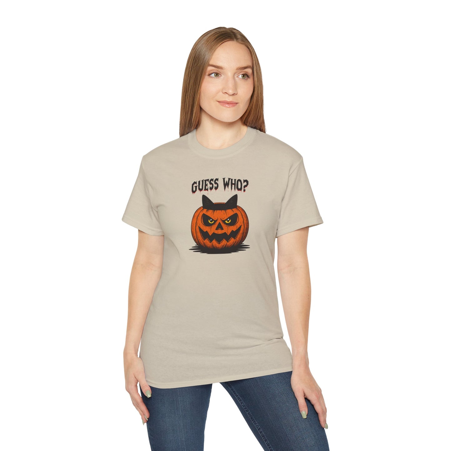 T-Shirt: Guess Who? – Halloween Cat Pumpkin Graphic Tee – Spooky Funny Unisex Shirt for Scary Season