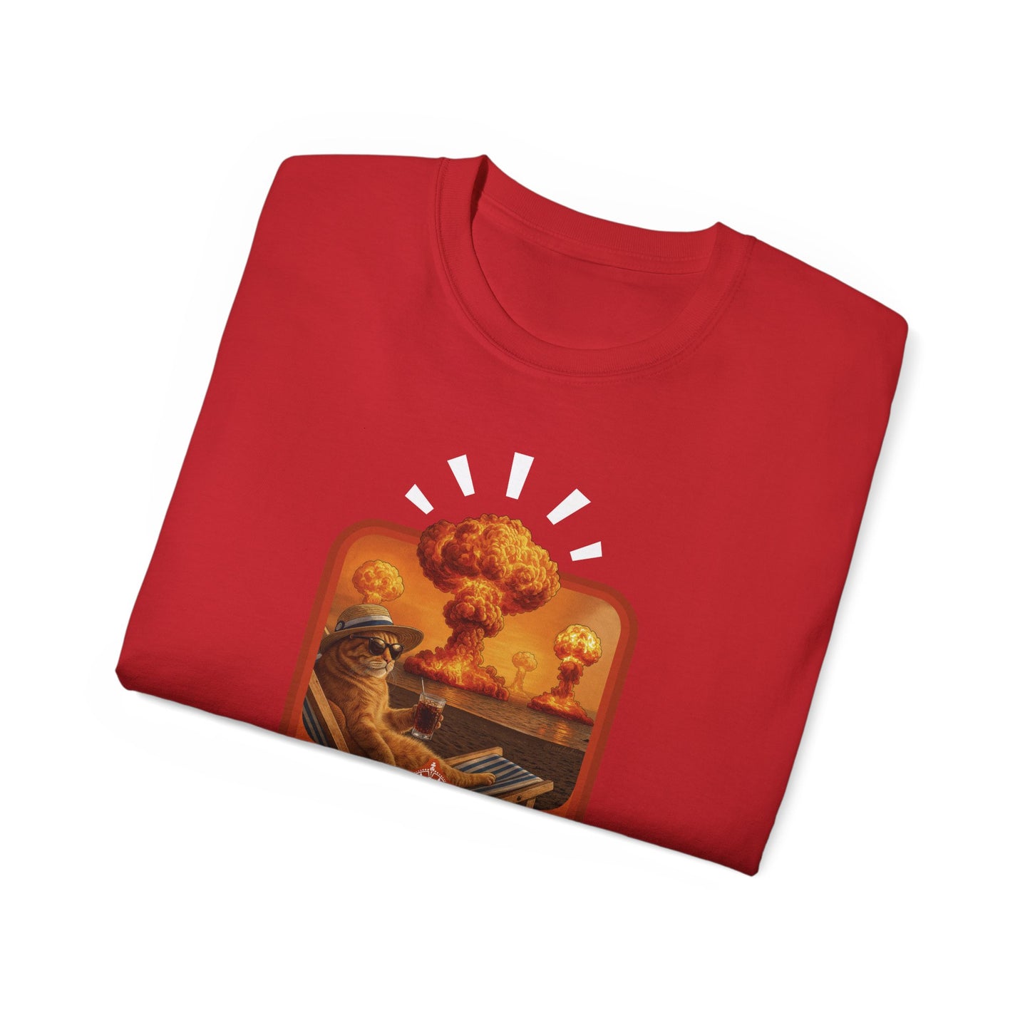 T-Shirt: Keep Calm – Surreal Cat in Chaos Artwork – Funny Apocalypse Parody for Dark Humor Fans