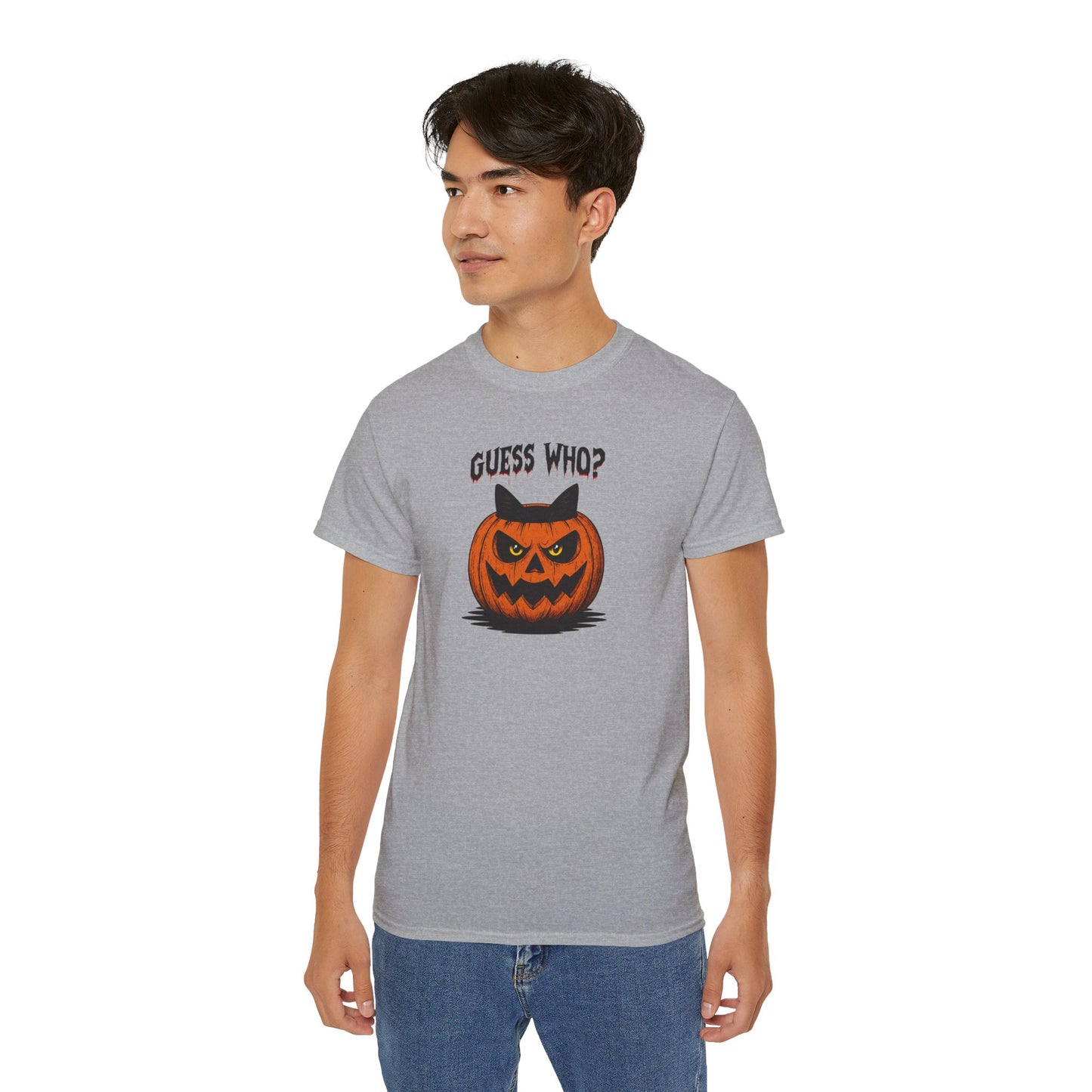 T-Shirt: Guess Who? – Halloween Cat Pumpkin Graphic Tee – Spooky Funny Unisex Shirt for Scary Season
