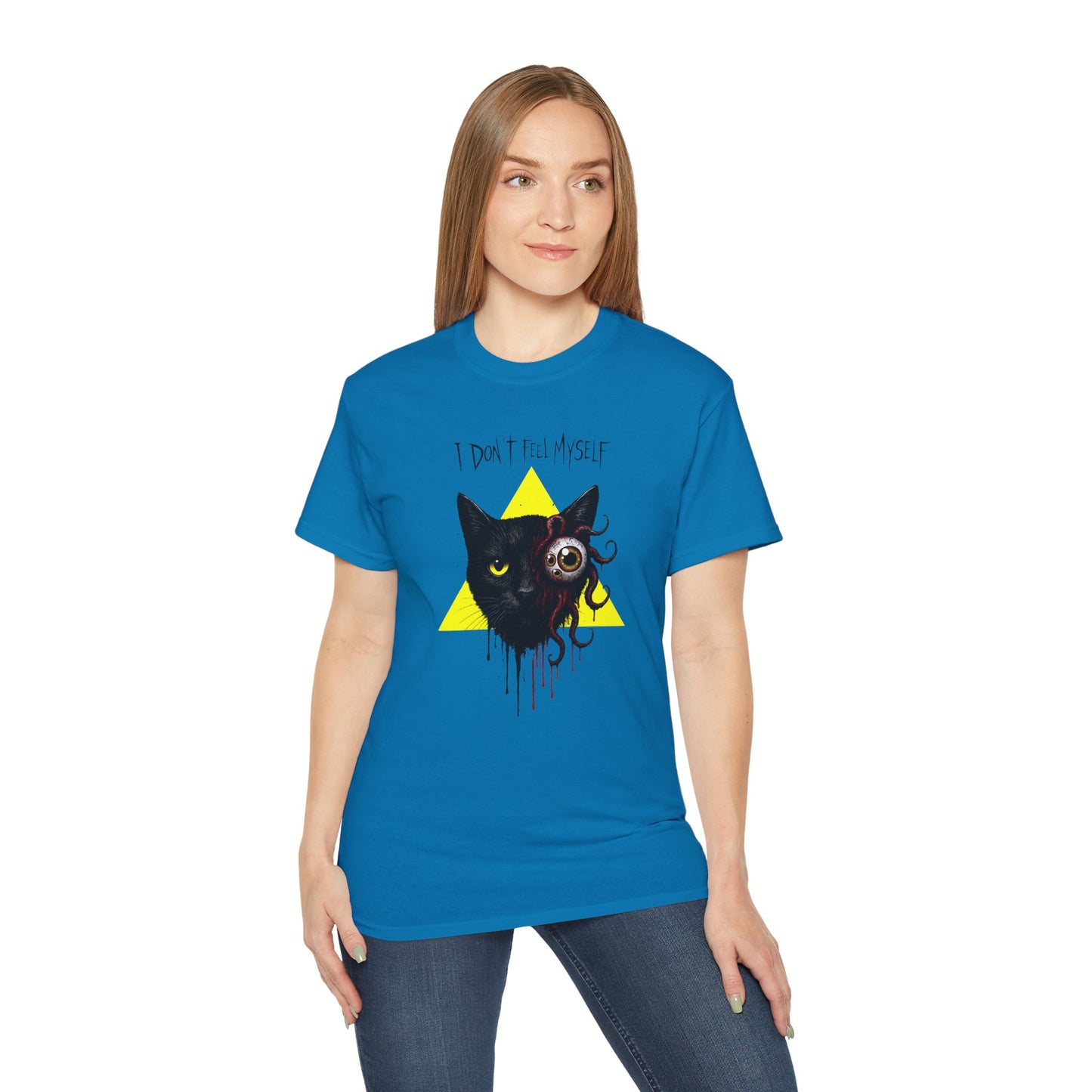 T-Shirt: I Don’t Feel Myself – Alien Horror Cat Graphic Tee – Creepy Gothic Unisex Shirt for Halloween & Sci-Fi Fans